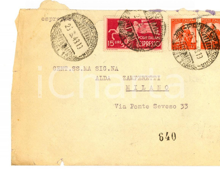 1948 STORIA POSTALE REPUBBLICA Busta affrancatura L. 10 doppia + L. 15 espresso