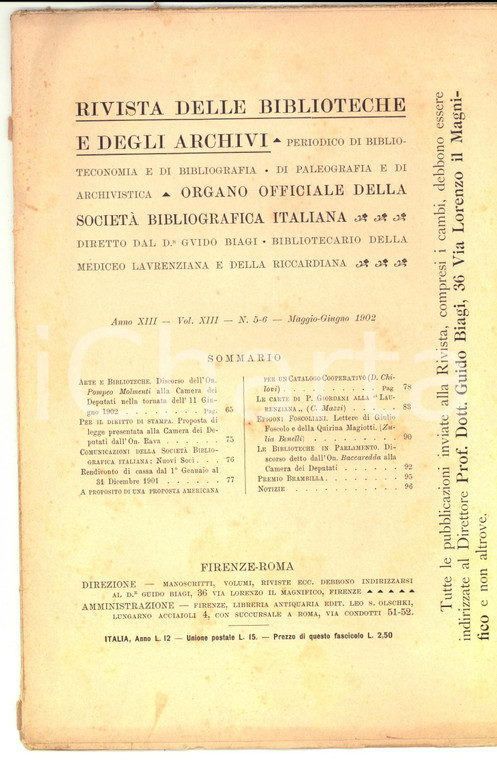 1902 RIVISTA DELLE BIBLIOTECHE E DEGLI ARCHIVI Discorso Pompeo MOLMENTI n°5-6