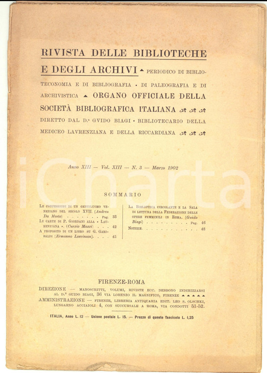 1902 RIVISTA DELLE BIBLIOTECHE E DEGLI ARCHIVI Carte di GIORDANI n°3