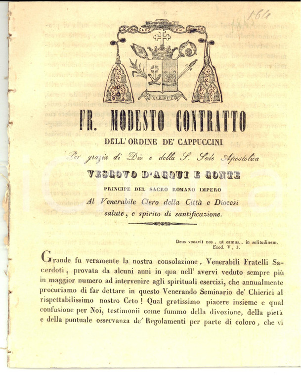 1845 STREVI (AL) Mons. Modesto CONTRATTO -  Lettera sugli esercizi spirituali