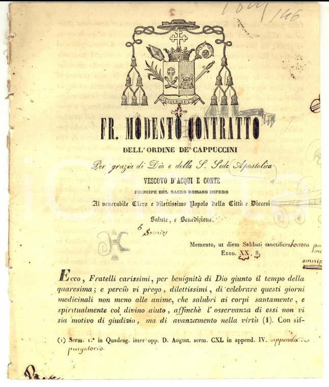 1845 STREVI (AL) Mons. Modesto CONTRATTO - Lettera sulla Quaresima