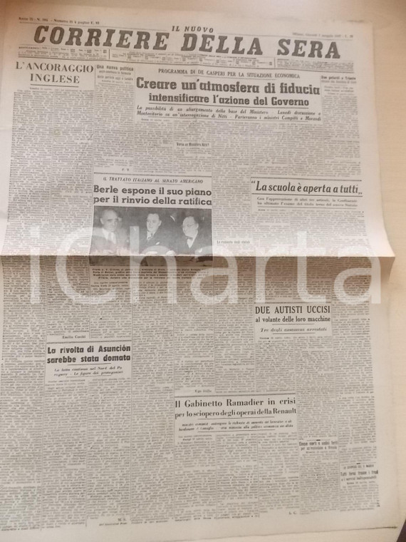 1947 CORRIERE DELLA SERA Programma DE GASPERI per l'economia *Giornale