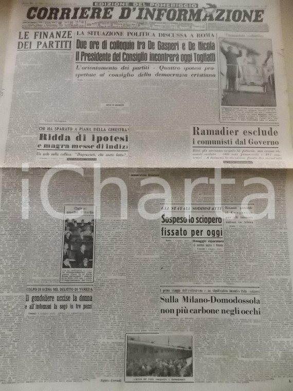 1947 CORRIERE D'INFORMAZIONE Incontro tra DE GASPERI e TOGLIATTI *Giornale
