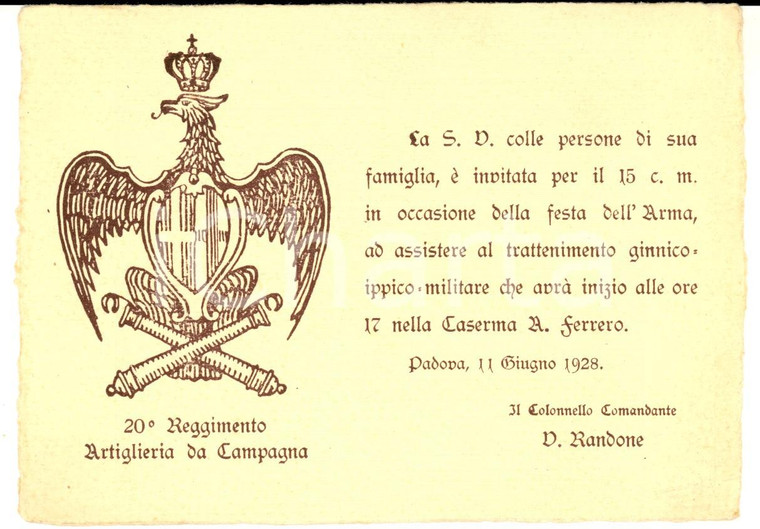 1928 PADOVA Caserma FERRERO 20° Reggimento Artiglieria da Campagna - Invito