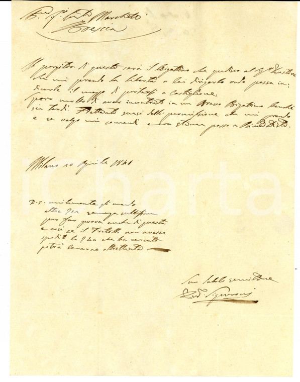 1841 BRESCIA Pietro SIGNORONI chiede informazioni al conte Paolo MARCHETTI