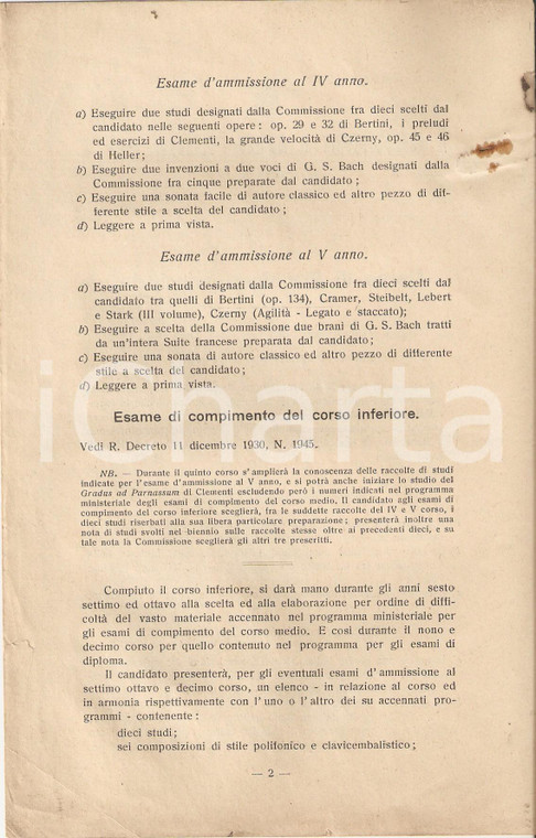 1930 ca MILANO Conservatorio VERDI Programma corso di pianoforte principale