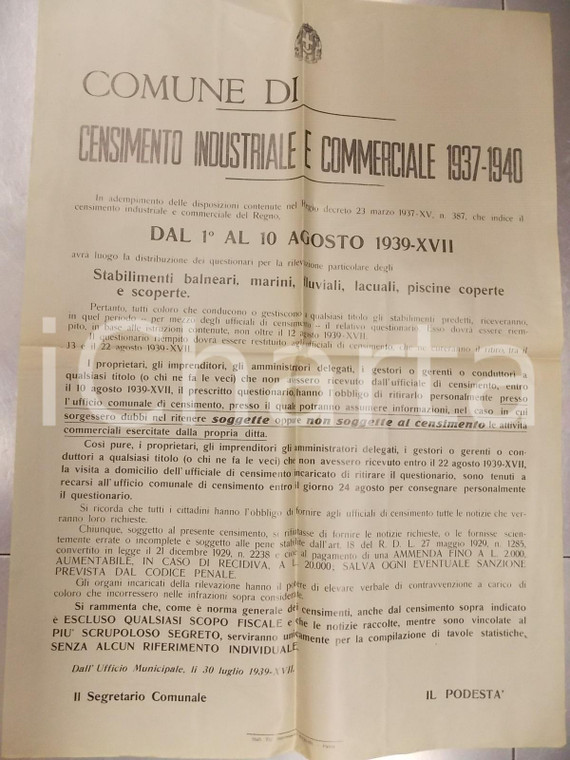 1939 PAVIA CENSIMENTO INDUSTRIALE per stabilimenti balneari e piscine *Manifesto