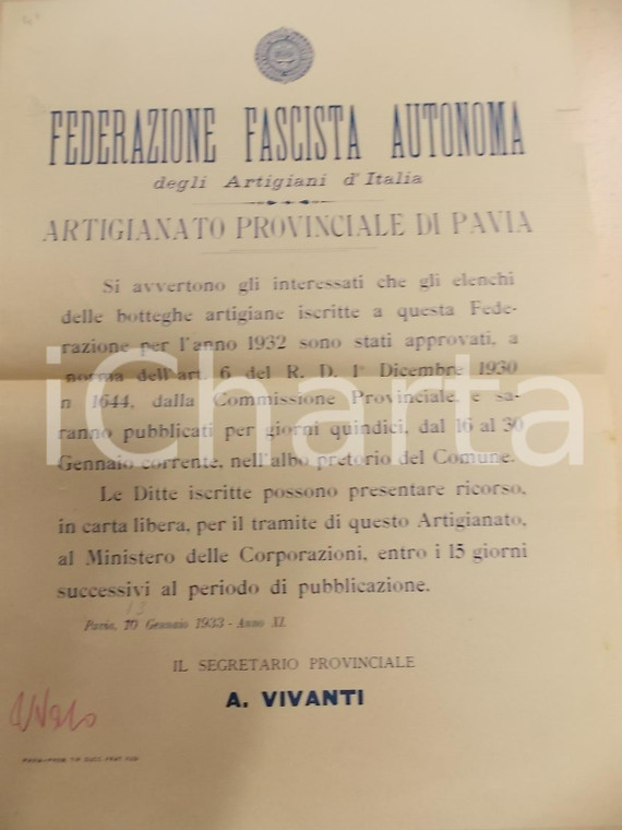 1933 PAVIA  Federazione Fascista Artigianato - Manifesto su elenchi botteghe