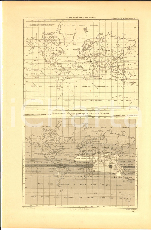 1875 PARIS M. L. DUSSIEUX Atlas de géographie *Carte des vents et de la pluie