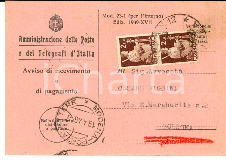 1946 STORIA POSTALE REGNO Avviso ricevimento affrancatura striscia doppia 2 Lire
