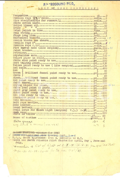 1947 USA COLUMBIA MARINE Piroscafo Rosolino PILO"List of deck provisions"