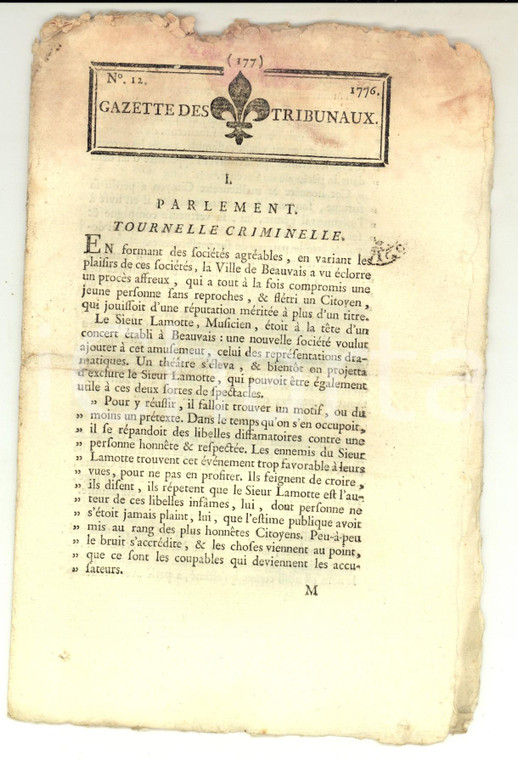 1776 GAZETTE DES TRIBUNAUX Tournelle criminelle à BEAUVAIS n° 12