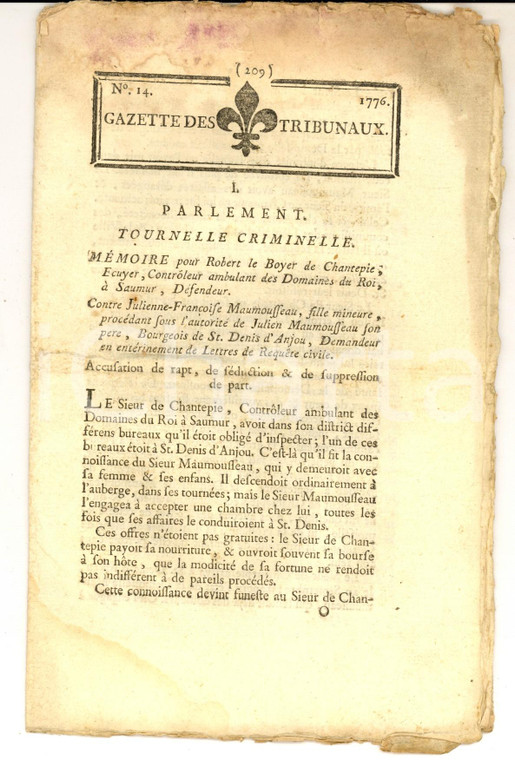 1776 GAZETTE DES TRIBUNAUX Mémoire pour Robert le BOYER DE CHANTEPIE n° 14