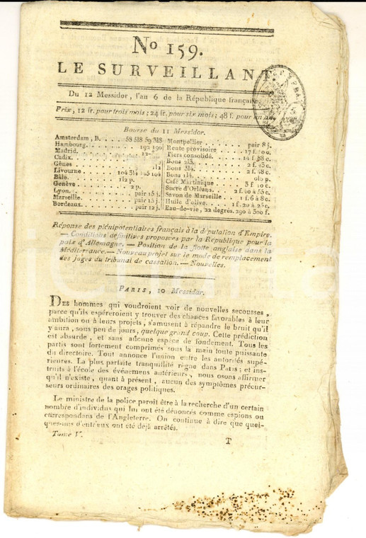1798 LE SURVEILLANT Gazette REVOLUTION Position de la flotte anglaise *n° 159