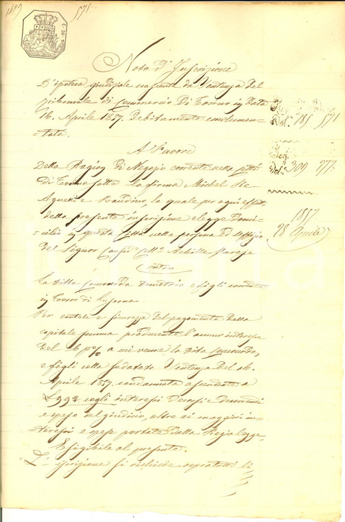 1857 TORRE PELLICE (TO) Iscrizione  a carico di Demetrio CONCOURDE *Manoscritto