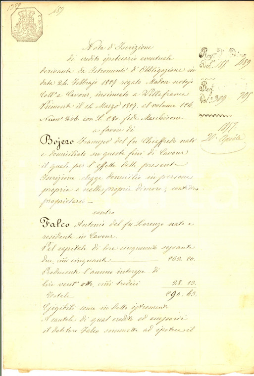 1857 CAVOUR (TO) Iscrizione pro Francesco BOJERO contro Antonio FALCO *Documento