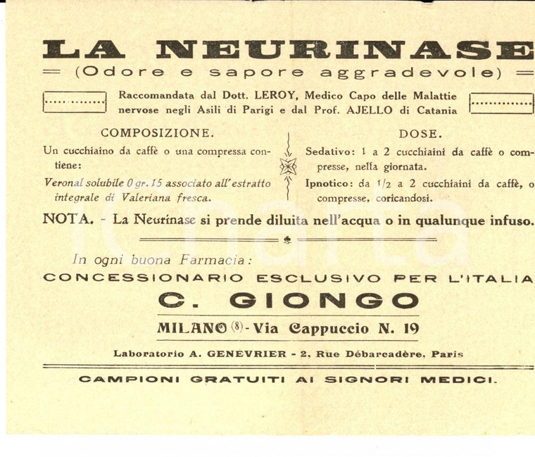 1910 ca MILANO Ditta GIONGO Volantino NEURINASE feriti e insonni FARMACEUTICA