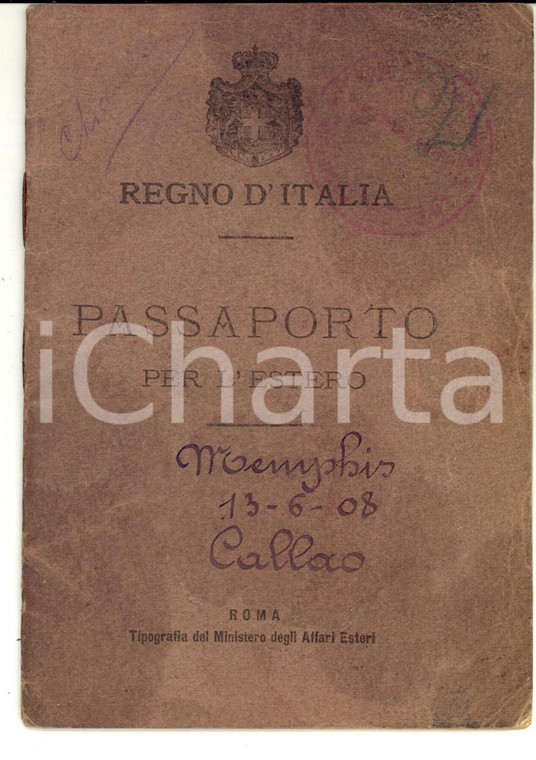 1908 TORINO Passaporto per l'estero dell'operaia Caterina FENOCCHIO GHERZO