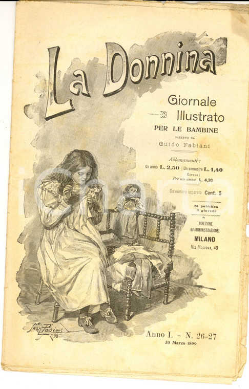 1899 LA DONNINA Giornale per bambine - Rispettate la sventura *Anno 1 n° 26-27
