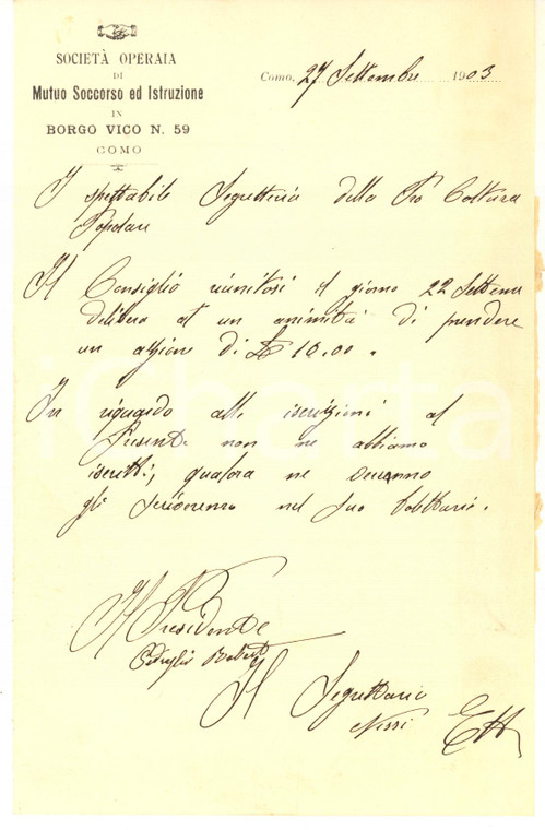 1903 COMO Lettera della Società Operaia in BORGO VICO su acquisto azioni