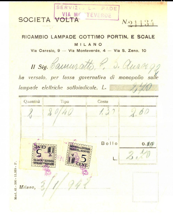 1942 MILANO SOCIETA' VOLTA Ricevuta per monopolio su lampade elettriche