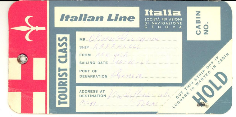 1959 NEW YORK Società di Navigazione ITALIA *Etichetta per bagaglio
