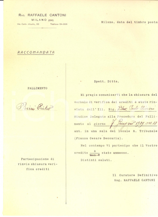 1929 MILANO Lettera rag. Raffaele CANTONI su fallimento ditta Pietro RICCI