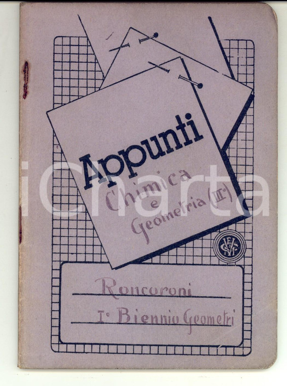 1940 ca Scuola GEOMETRI Allievo RONCORONI - Quaderno chimica e geometria 70 pp.