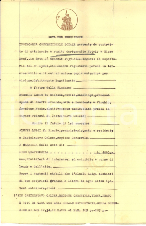 1939 CASTELNUOVO CALCEA (AT) Iscrizione dotale su stabili pro Adele RONELLI