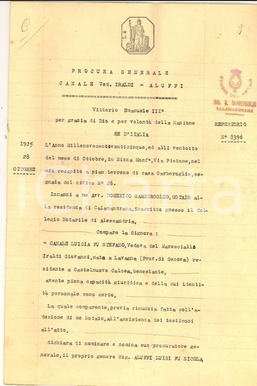 1925 CASTELNUOVO CALCEA (AT) Atto di procura della vedova Luigia CANALE IRALDI