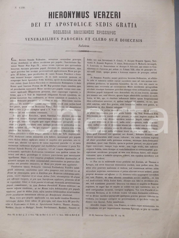 1858 BRESCIA Mons. Girolamo VERZERI - Enciclica PIo IX Amantissimi Redemptoris