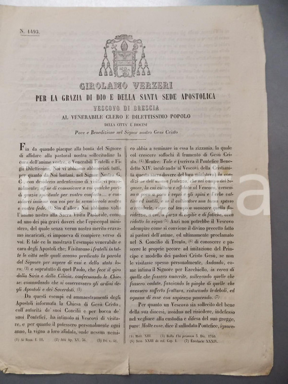 1852 BRESCIA Vescovo Girolamo VERZERI - Lettera sulle visite pastorali 30x42 cm