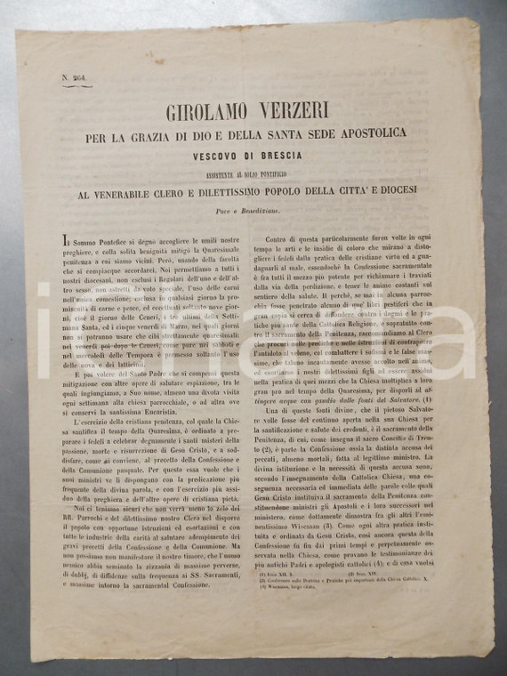 1860 BRESCIA Vescovo Girolamo VERZERI - Sulla penitenza in Quaresima 30x42 cm
