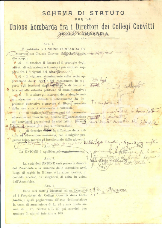 1910 ca MILANO Schema di statuto per la UNIONE LOMBARDA COLLEGI CONVITTI