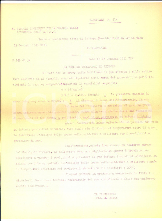 1941 ROMA Obbligo di prove sulle bolliture per i corpi dei generatori *Lettera