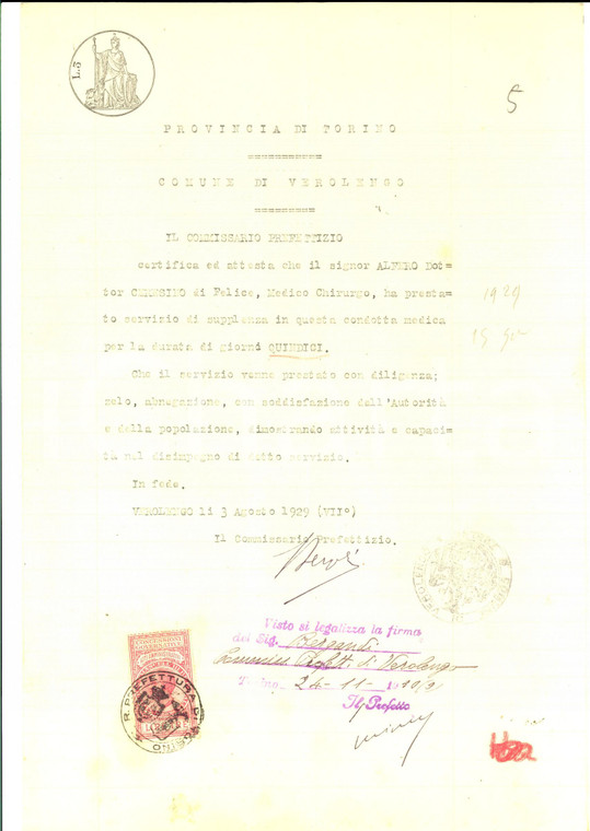 1929 VEROLENGO (TO) Certificato di servizio del medico Ceresino ALFERO