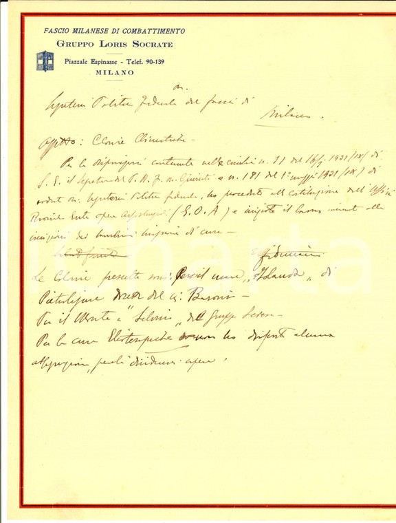 1931 MILANO PNF Gruppo LORIS SOCRATE Bozza di lettera sull'ufficio rionale