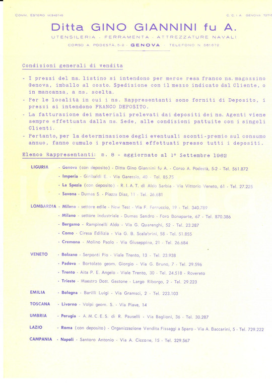 1962 GENOVA Ditta Gino GIANNINI Utensileria - Elenco dei rappresentanti