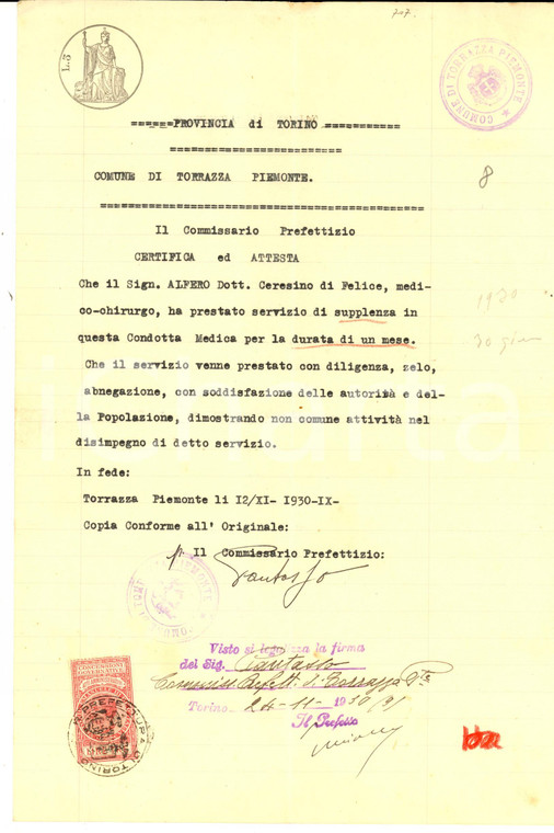 1930 TORRAZZA PIEMONTE (TO) Certificato servizio Ceresino ALFERO medico chirurgo