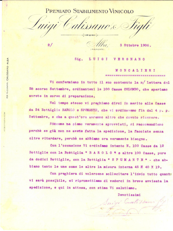 1906 ALBA (CN) Ditta vini Luigi CALISSANO & Figli - Ordine di BAROLO e spumante