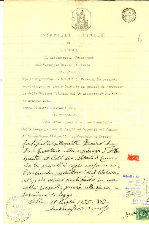 1931 Ospedale Civile IVREA (TO) Certificato di servizio medico Ceresino ALFERO