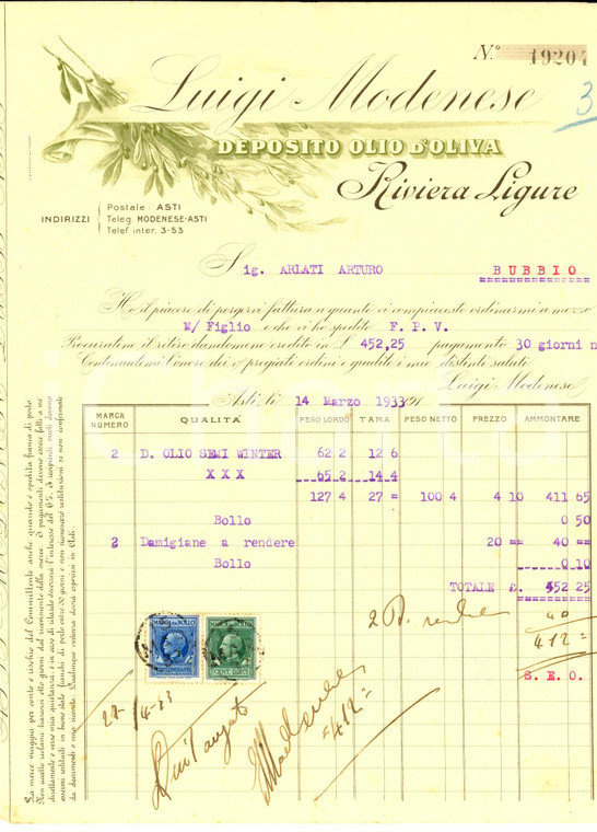 1933 ASTI Ditta Luigi MODENESE Deposito olio d'oliva *Fattura intestata