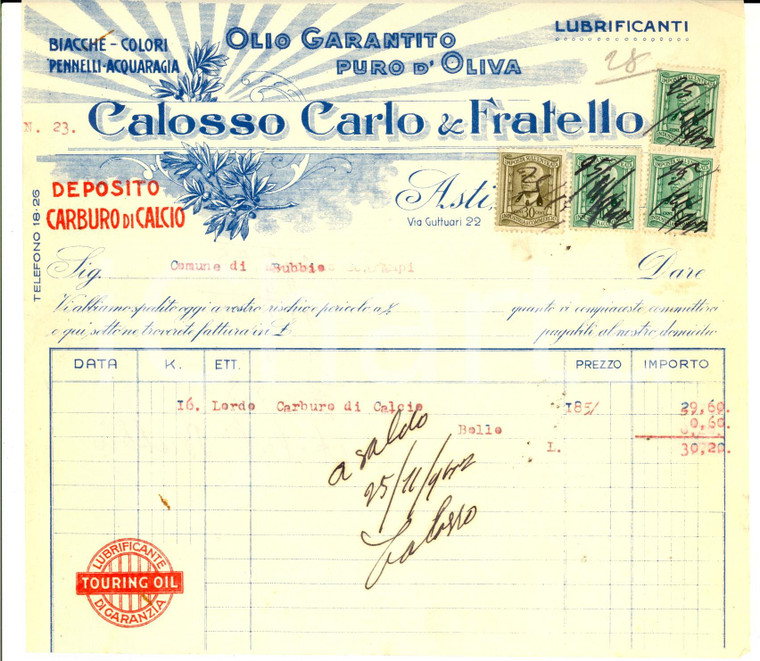 1942 ASTI Ditta Carlo CALOSSO e fratello - olio d'oliva *Fattura intestata