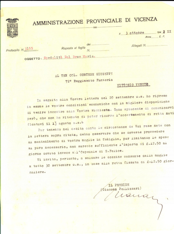 1942 VICENZA Amministrazione Provinciale - Lettera al ten. col. Giuseppe CORTESE