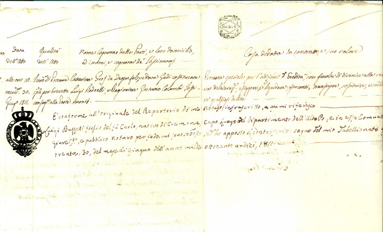 Giugno 1811 CREMONA Repertorio atti del notaio Luigi BUSSETI *Manoscritto