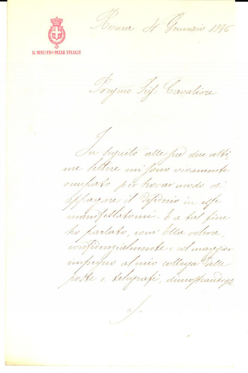 1896 ROMA Ministro Paolo BOSELLI rifiuta una raccomandazione *AUTOGRAFO