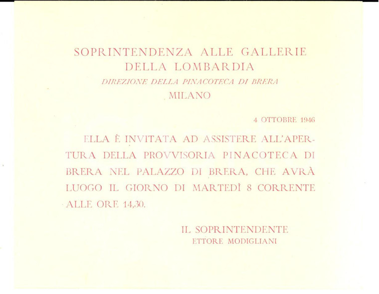 1946 MILANO Pinacoteca di BRERA Invito per l'apertura provvisoria dopo la guerra
