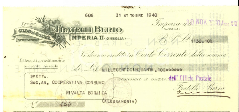 1940 ONEGLIA (IM) Ditta FRATELLI BERIO olio d'oliva *Assegno pubblicitario