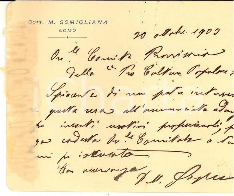 1903 COMO Dott. M. SOMIGLIANA rinuncia a intervento presso società culturale