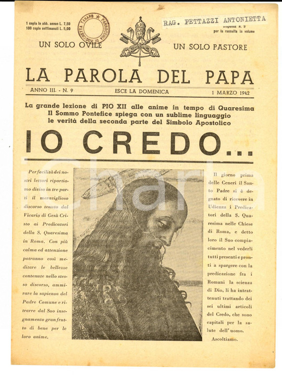 1942 LA PAROLA DEL PAPA Pio XII alle anime in Quaresima *Bollettino anno III n°9
